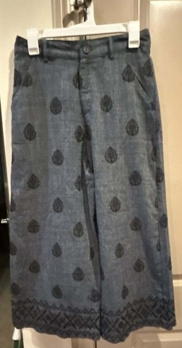 Zara Embroidered Blue Denim Wide Leg Cropped Trousers